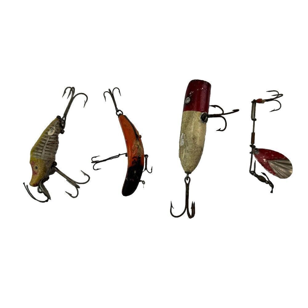 Vintage Fishing Lures Lot of 4 Metal Wood Spinner Plug Antique Tackle